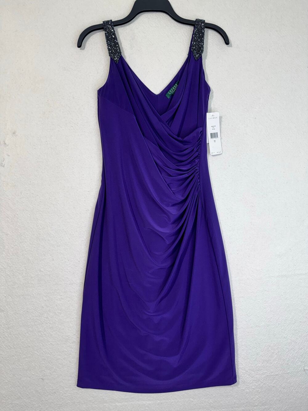 Ralph Lauren Evenings Beaded Embellished Straps Ruched Cocktail Dress Size 6